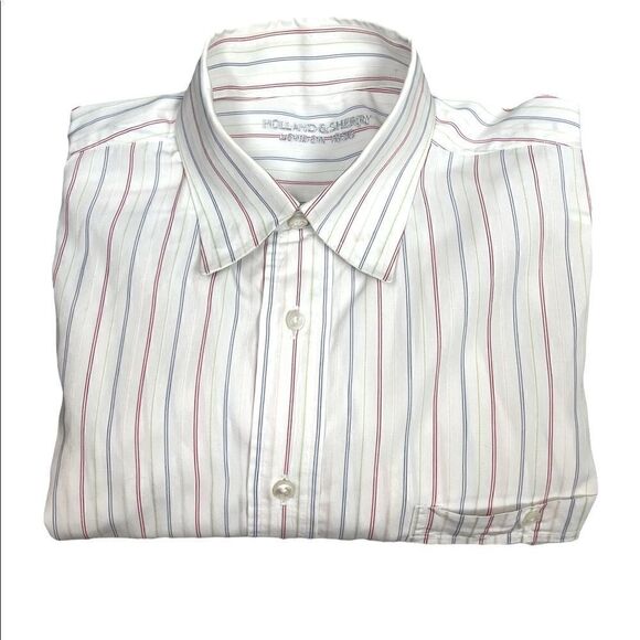 Men's Custom L/S Dress Shirt by Holland & Sherry of London White w/Vert Stripes - Picture 10 of 11